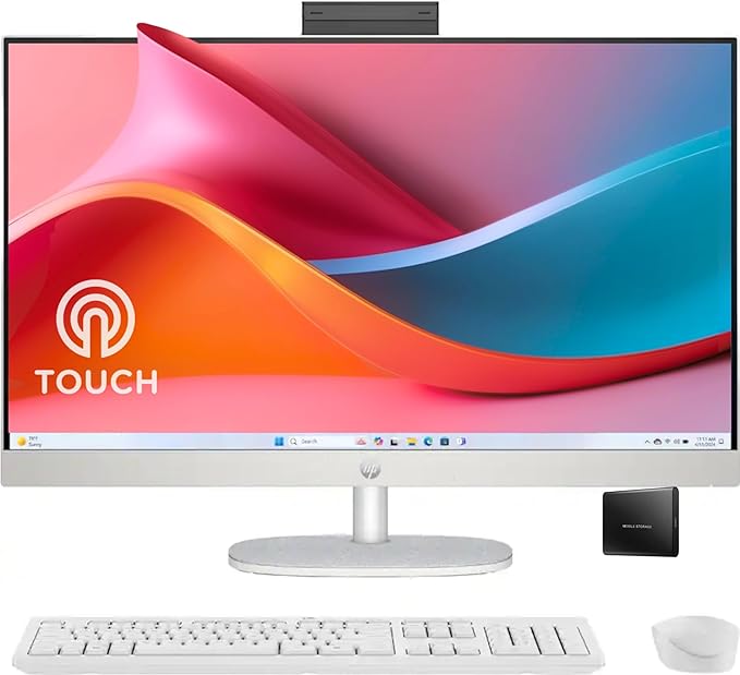 HP 27" FHD Touchscreen All-in-One Desktop Computer, 16GB DDR5 RAM 2TB SSD Storage, Quad-Cores Ryzen 5 7520U Processor, WiFi6, Wireless Keyboard & Mouse, Windows 11