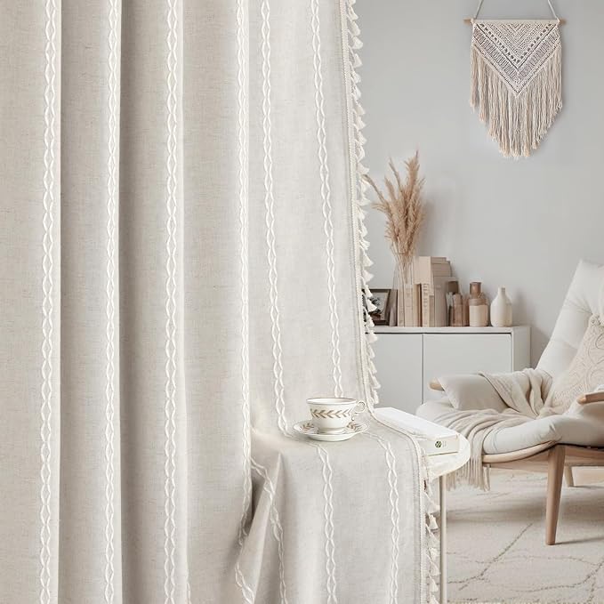 80% Boho Blackout Curtains 84 Inch Linen Blend Drapes 2 Panels | Vintage - Image 6