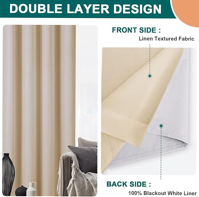Diraysid 100% Blackout Curtains Beige Linen Curtains - Image 7