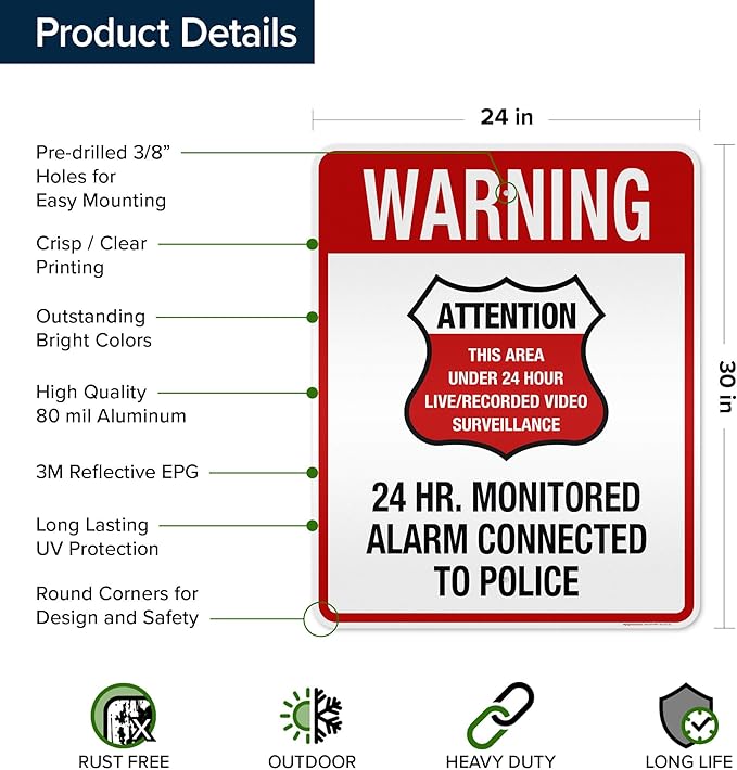 Warning 24 HR. Monitored Alarm Connected To Police Sign, 24x30 Inches, 3M EGP Reflective, Rust Free .080 Aluminum, Fade Resistant, Made in USA by My Sign Center