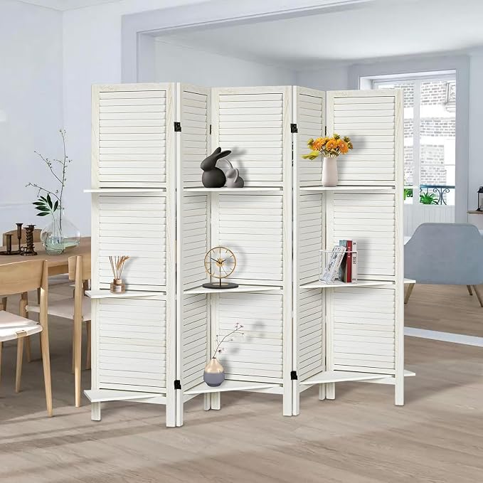 Room Divider with Shelves, 5 Panel White Privacy Screen | Partition Room - Image 2