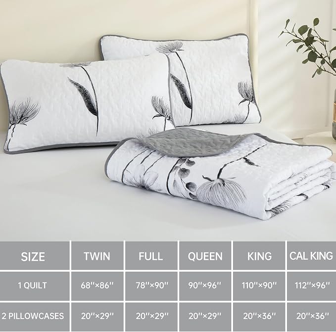 Dinjoy Floral Quilt Set California King Size, Cute Grey Flower Bedspreads | 3 - Image 6