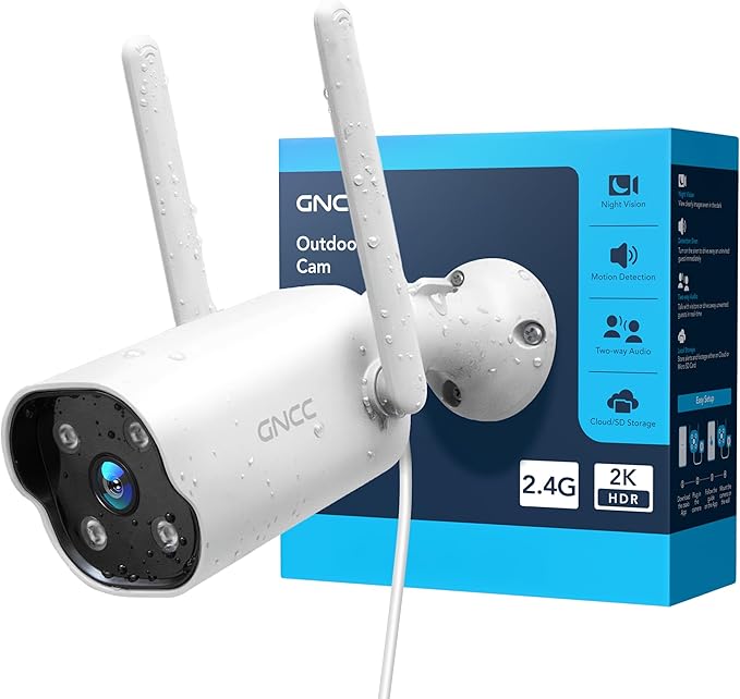 GNCC Outdoor Camera, 2K Cameras for Home Security Outside, Home Security Cameras, Motion Detection, Color Night Vision, 24/7 Recording, 2 Way Audio, Waterproof, Cloud & Local, Plug-in, APP Control