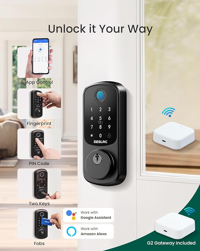 DESLOC Smart Lock B200 WiFi Version, Fingerprint Keyless Entry Door Lock, App Remote Control, Smart Locks for Front Door, WiFi Deadbolt Smart Lock, Emergency Power Port,12 Months Battery, Auto Lock