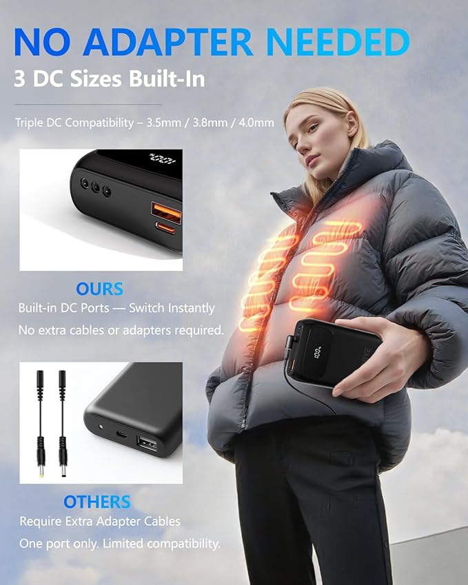 ColdBye Heated Vest Battery Pack 𝟕.𝟒𝐕 5𝐀 𝟐𝟎𝟎𝟎𝟎𝐦𝐀𝐡, Type-C and USB 5V Output 7.4V Tri-Size DC Built-in Ports (3.5 mm / 3.8 mm / 4.0 mm) for Heated Jacket