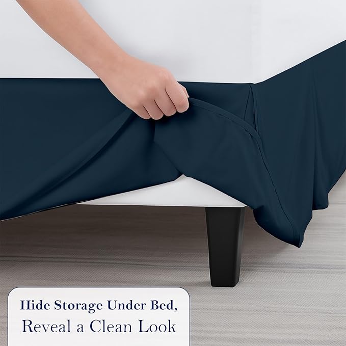 King Bed Skirt, Luxury 12 Inch Drop Navy Blue Pleated Bed Skirt, Double Brushed Microfiber, Box Pleat Design, Wrinkle & Fade Resistant, Easy Fit Tailored Bedskirt for King Size Beds