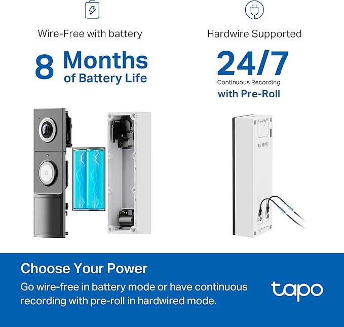 Tapo by TP-Link Smart Video Doorbell Camera with Chime, Battery or Wired, 2K QHD Color Night Vison, No Monthly Fee, 180° Ultra-Wide Head-to-Toe View, Ring Call, Free AI Detection, Local Storage (D225)
