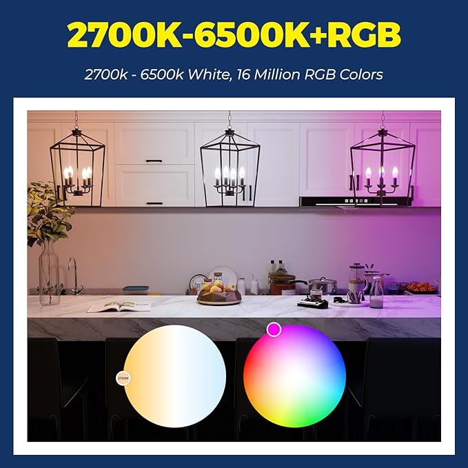 Lightinginside E12 Smart Light Bulbs 60W Equiv., Work with Alexa/Google Home/Smart Life, 500LM 6W RGBCW Candle Candelabra LED Light Bulbs, No Hub Required, 2.4G WiFi Bluetooth Bulb, ETL Listed, 1PC
