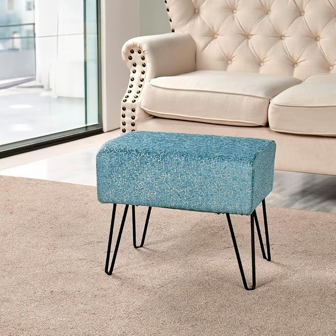 Home Soft Things Blue Jacquard Chenille Ottoman, Babati-Turquoise, Fuzzy Entry - Image 9