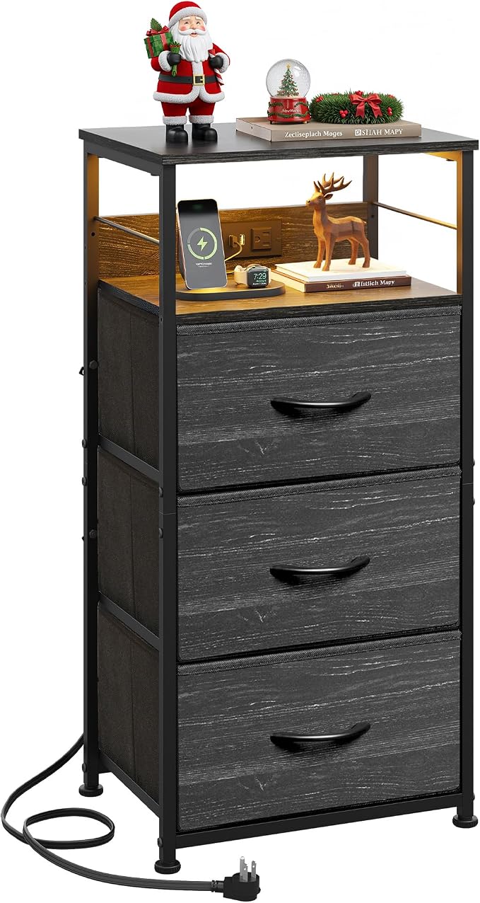 WLIVE Nightstand with Charging Station, 31.9" H Nightstand with 3 Fabric Drawers by WLIVE