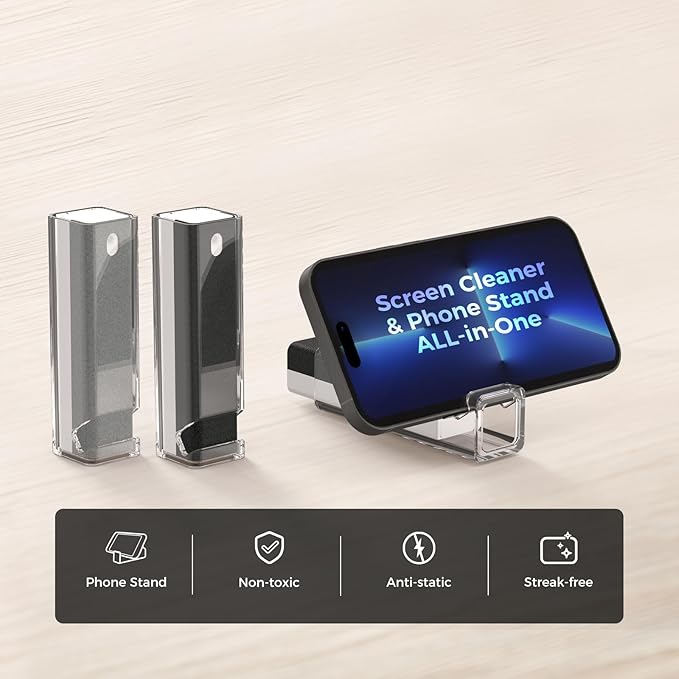 CLICK CLEAN 2Pcs Screen Cleaner, Fingerprint Proof Mist Cleaner Spray, All-in-One Cleaner with Microfiber, Shell and Phone Stand for All Phones, Laptop and Tablet Screens (Black + Grey)
