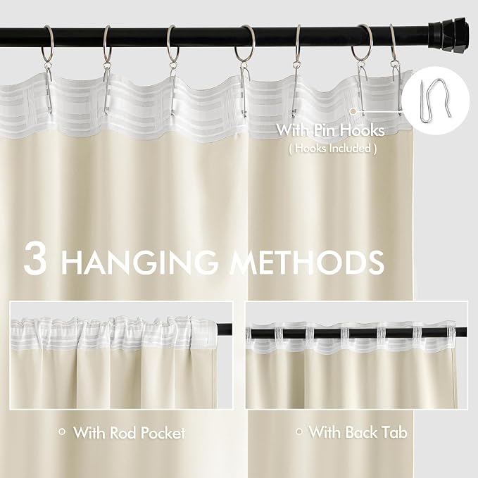 MIULEE Birch Back Tab Blackout Curtains 52x120 Inch Long 2 Panels Set | Rod - Image 3