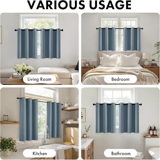 Short Stone Blue Blackout Kitchen Curtain W40 x L45 Inch 2 Panels | Thermal - Image 5
