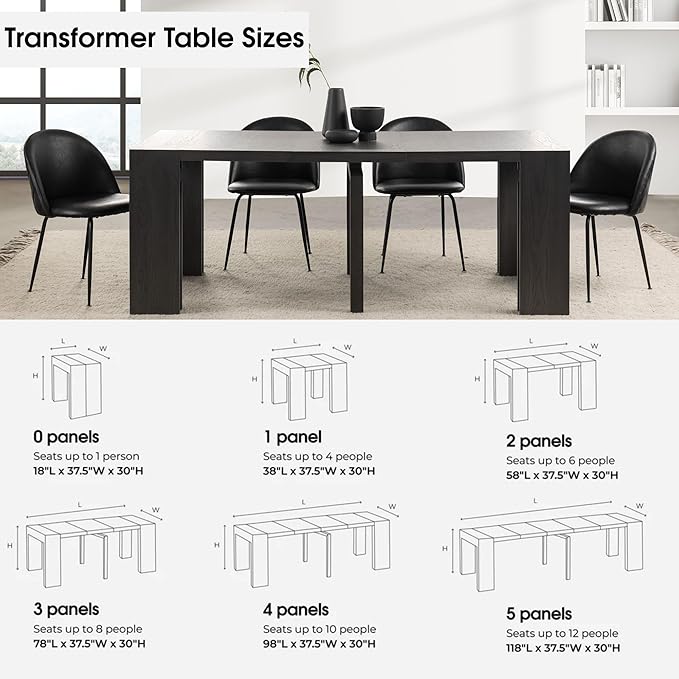 Transformer Table - Solid Wood Extendable Dining Table, Seats 2-12, Extendable Dining Room Table, Space-Saving Furniture, Expandable Dining Furniture (Black, Table + Bench + 4 Chairs)