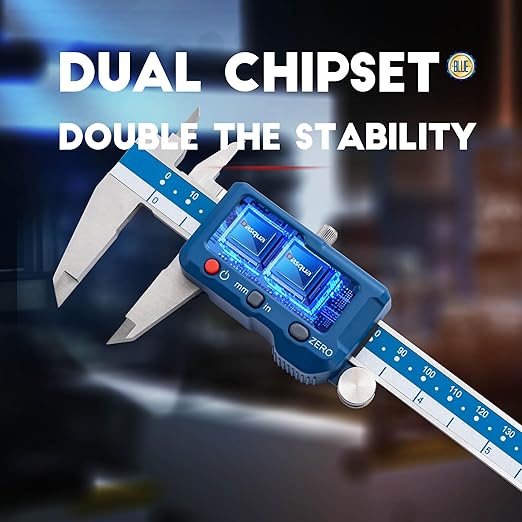 Dasqua 6”/150mm Digital Caliper, Stainless Steel Precision Measuring Tool with Advanced Dual Chip, Large LCD, Resolution 0.0005”/0.01mm, Accuracy ±0.001”/0.02mm