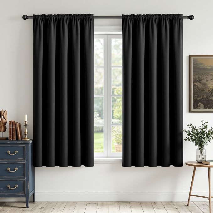 CUCRAF Black Blackout Curtains 45 inch Length 2 Panels Set, Rod Pocket Room by CUCRAF