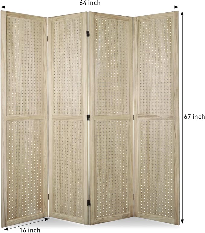 4 Panel Pegboard Room Divider | Natural Wood Folding Privacy Screen - Image 2