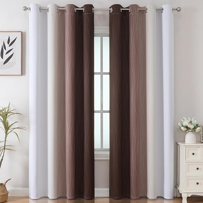 Brown and Greyish White Blackout Curtains 52x108 2 Panels | Ombre Curtains - Image 2