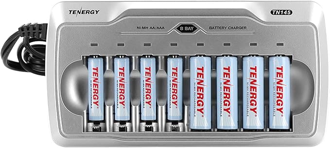 Tenergy TN145 8 Bay Charger and 4 Pack Rechargeable AA Batteries and 4 Pack Rechargeable AAA Batteries, Independent Charging, UL & CE Certified