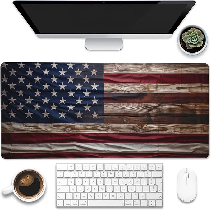 Eflxamz Large Gaming Mouse Pad for Desk,Wooden American Flag Desk Mat,Wooden USA Flag Desk Pad,Extended Big Computer Keyboard Mouse Pad with Non-Slip Base and Stitched Edge,35.4"x15.7"