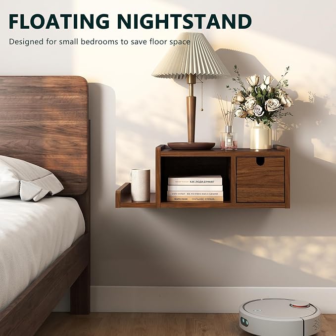 Floating Nightstand Wall Mounted, Walnut Bedside Table - Image 6