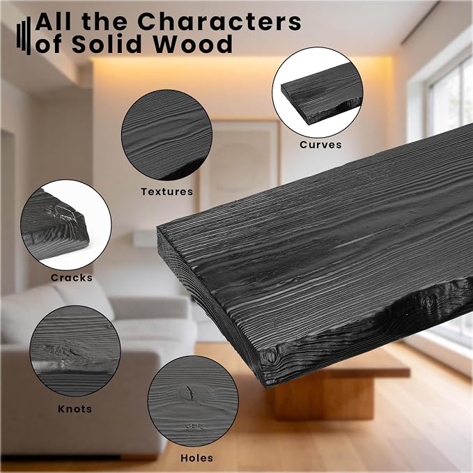 Black Live Edge Floating Shelf, 72-Inch Solid Elm Wood | Easy Installation - Image 4