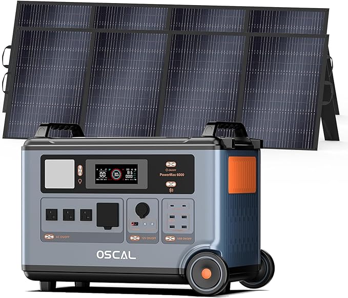 Oscal PowerMax 6000 Portable Power Station with 2x400W Solar Panel 3600Wh LiFePO4 Batteries, 6000W Output (9000W Peak), 5ms UPS, Solar Generator for Home, RVs, Emergencies, Power Outages