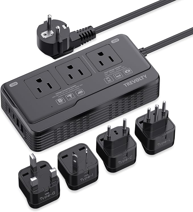 TREVOLTY 2000W Voltage Converter US to Europe for Hair Dryers, 7-in-1 220V to 110V Converter for European Travel with 3 AC/2 USBA/2 USBC Ports, Universal Power Converter Adapter Combo EU/UK/IT/AU Plug