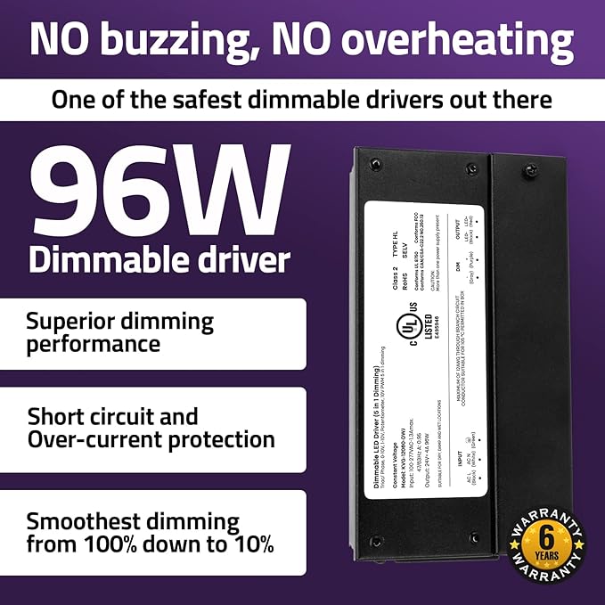 HitLights 24V 96W Dimmable LED Driver – Smooth Flicker Free Dimming – TRIAC, 0-10V, Phase Cut, & 10V PWM – Compatible with Lutron and Leviton Dimmer Switches, UL Listed, Class 2, 100-277V AC – 4A DC