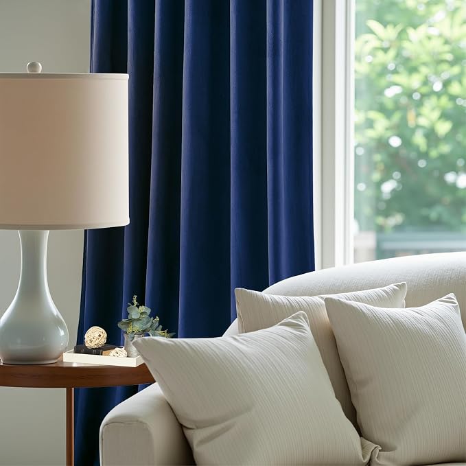 Extra Long Navy Blue Velvet Blackout Curtains 102 Inches Room Darkening | Black - Image 4