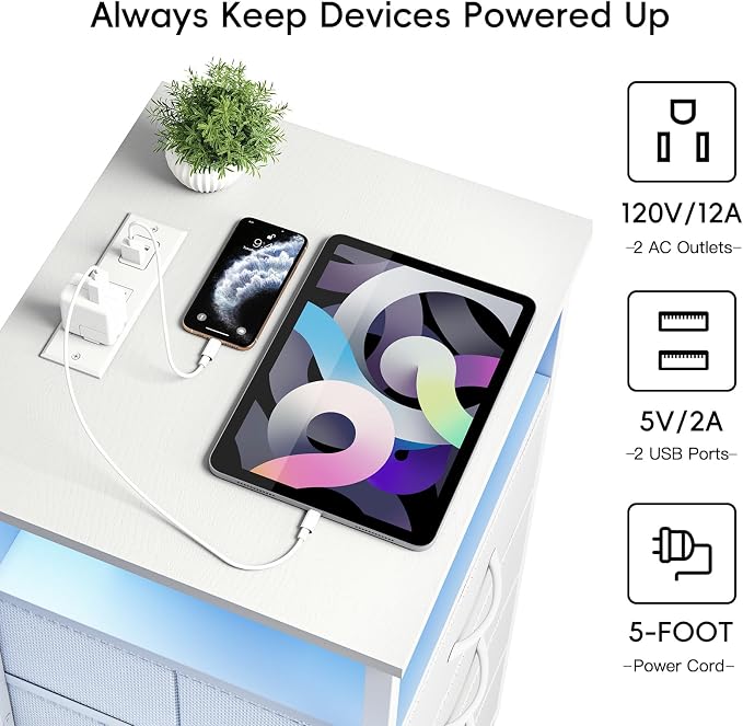 Fixwal Night Stand with 3 Drawers, built-in bedside charger, 2 AC outlets & 2 - Image 5