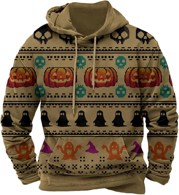 Halloween Hoodie Men Graphic Pumpkin Ghost Printed Sweatshirt Casual Trendy Long Sleeve Halloween Hooded Tops with Pockets