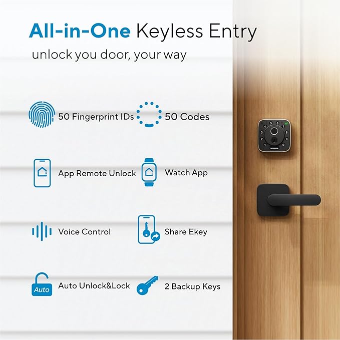 ULTRALOQ Bolt Fingerprint Smart Lock with Lever, Front Keypad Door Lock with Handle, Built-in WiFi Deadbolt, App Remote Control, Auto-Lock, Works with Apple HomeKit, Alexa, Google, BHMA Certified