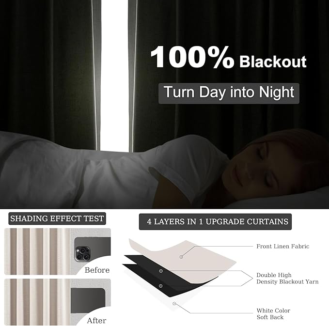 Oatmeal Blackout Curtains for Living Room 100 Inch Long 2 Panels, Linen - Image 6