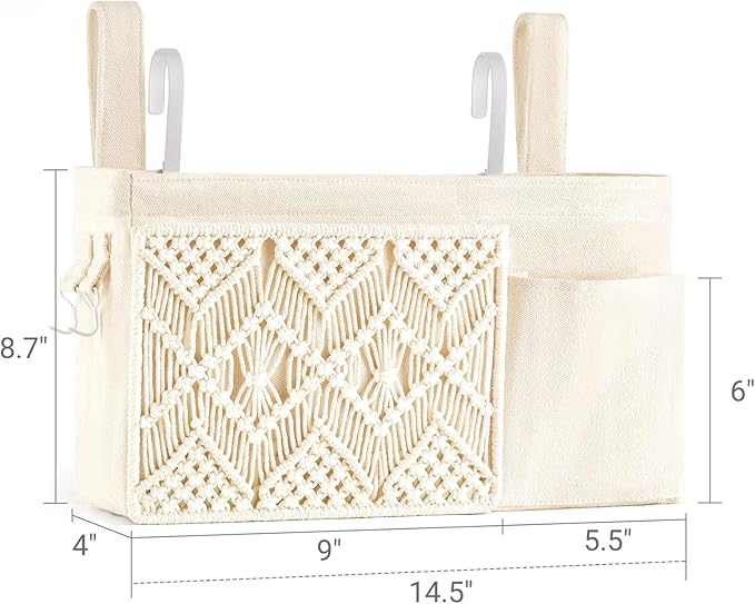Mkono Bedside Caddy, Macrame Hanging Organizer, 4 Pockets Ivory Metal Hooks | - Image 7