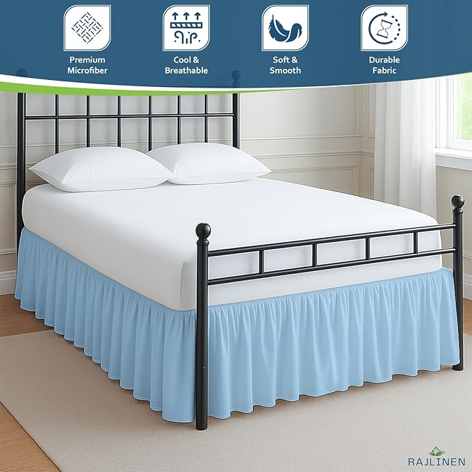 Rajlinen Ruffled Bed Skirt King, 10 Inch Drop Dust Ruffle with Split Corners, 100% Microfiber Bedskirt with Platform, Three-Sided Coverage Ruffled Gathering Design, Light Blue