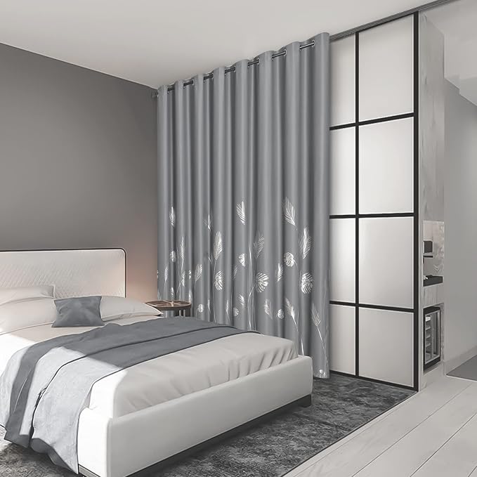 Grey Blackout Curtain for Dining Room 100W x 108L Inch Long Silver Palm Tree - Image 2