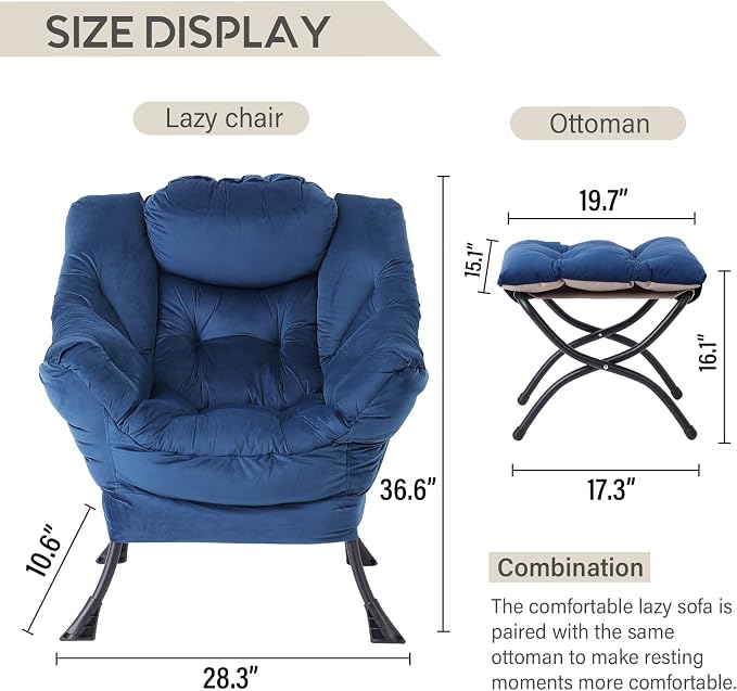 Lazy Chair with Ottoman, Comfy Accent Reading Chair, Velvet RoyalBlue | - Image 3