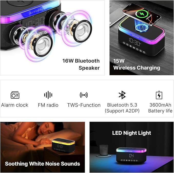 AUVODA S300 Portable Bluetooth Speaker with 15W Fast Wireless Charging, 13-Color Dimmable Night Light, White Noise, Alarm, FM Radio, 16W Stereo, BT5.3, TWS, for Home, Office, Bedroom (Black)