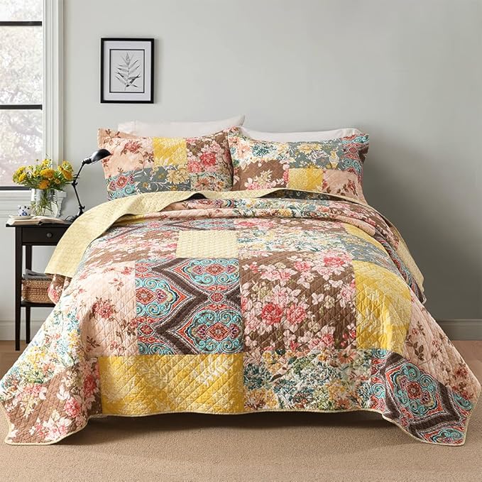 Autumn Dream Cotton Bedspread Yellow Floral Bedding Quilt Sets, King Size | - Image 2