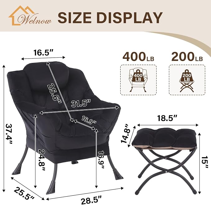 Welnow Lazy Chair with Ottoman, Reading Chair with Footrest, Foldable Footrest - Image 3