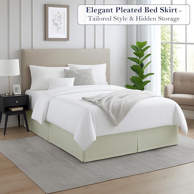Twin Bed Skirt, Luxury 12 Inch Drop Ivory Pleated Bed Skirt, Double Brushed Microfiber, Box Pleat Design, Wrinkle & Fade Resistant, Easy Fit Tailored Bedskirt for Twin Size Beds