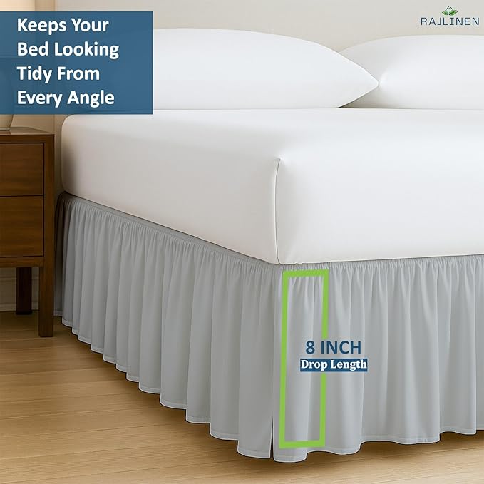 Rajlinen Ruffled Bed Skirt Twin XL, 8 Inch Drop Dust Ruffle with Split Corners, 100% Microfiber Bedskirt with Platform, Three-Sided Coverage Ruffled Gathering Design, Light Grey