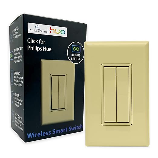 RunLessWire Click for Philips Hue – Battery-Free Wireless Smart Light Switch, 30ft Range – Works Natively with Philips Hue Bridge – Wall Mount Kinetic Switch - Decora Style, Ivory