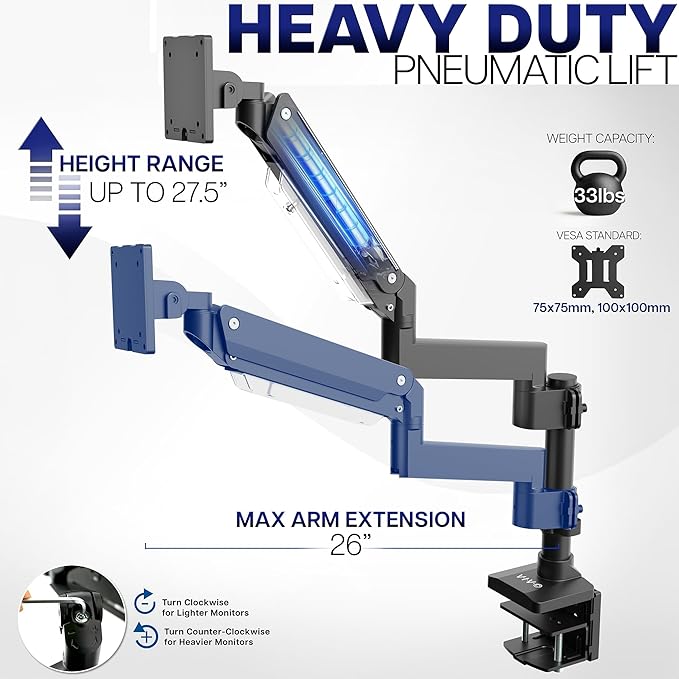 VIVO Premium Aluminum Single Screen Pneumatic Spring Monitor Arm Desk Mount Stand with Extension Pole | Fits One Screen up to 35" (STAND-V101GT)