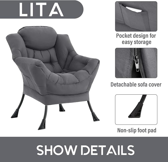 Lazy Chair with Ottoman, Comfy Accent Reading Chair, Dark Grey | Foldable - Image 4