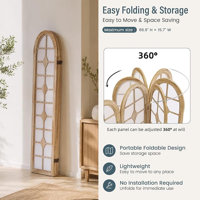 4 Panel Shoji Room Divider, Wood Folding Privacy Screen, Natural | Wood Room - Image 7