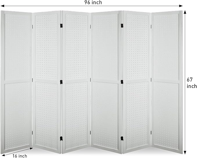 6 Panel Pegboard Room Divider | White Wood Folding Privacy Screen - Image 2