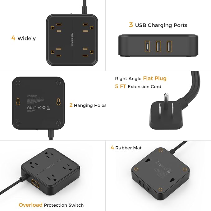 TESSAN Surge Protector Flat Extension Cord 10Ft, Flat Plug Power Strip | 4 - Image 7