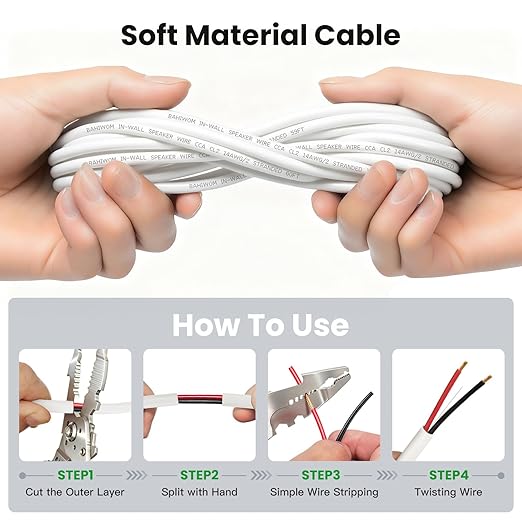 BAHIWOM Fire Safety CL2 Speaker Wire in-Wall & in-Ceiling 14 Gauge Wire 200 FT CCA Cord 2 Conductors Red Black Speaker Cable for Indoor Home Theater System,Car Audio Soft White Jacket